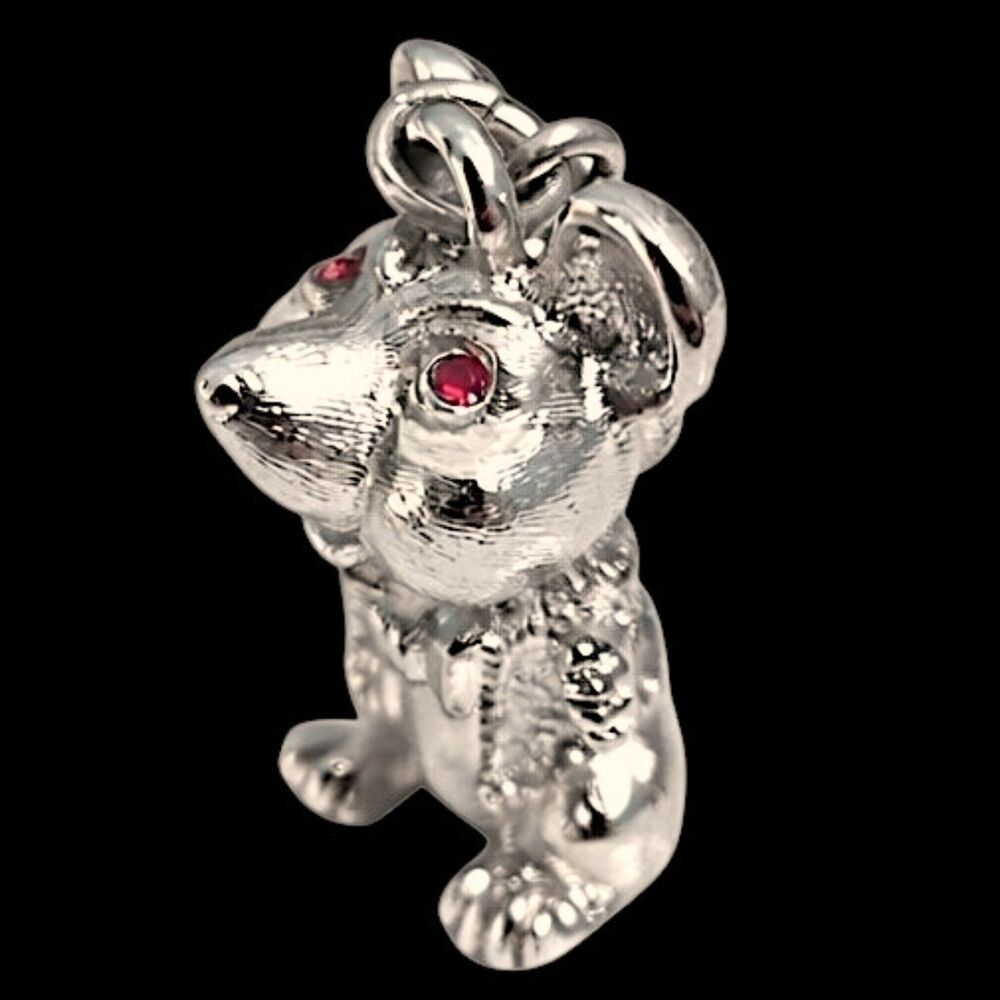 Monet Silver Tone Mouse Vintage Charm Pendant Red Rhinestone Eyes Signed Figural